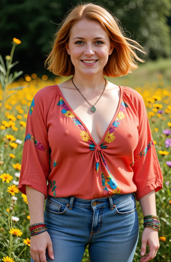 The image shows a woman standing in a field of flowers with a bright smile on her face, surrounded by trees in the background.