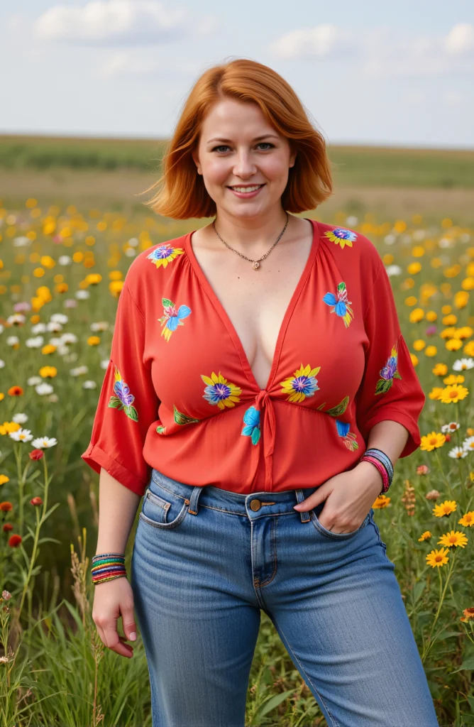 The image shows a woman standing in a field of flowers, wearing a red top and jeans, with a bright smile on her face. The background is slightly blurred, and the sky is visible at the top of the image.
