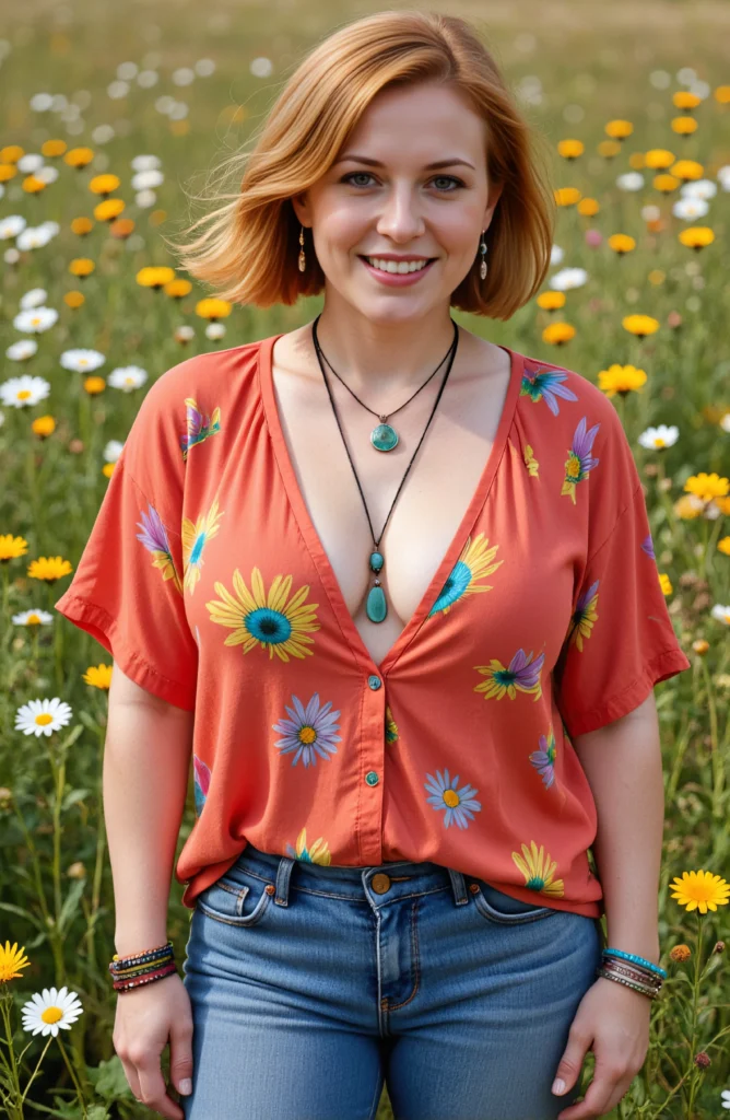 The image shows a woman standing in a field of daisies, smiling brightly. She is surrounded by a variety of colorful flowers, creating a vibrant and cheerful atmosphere.
