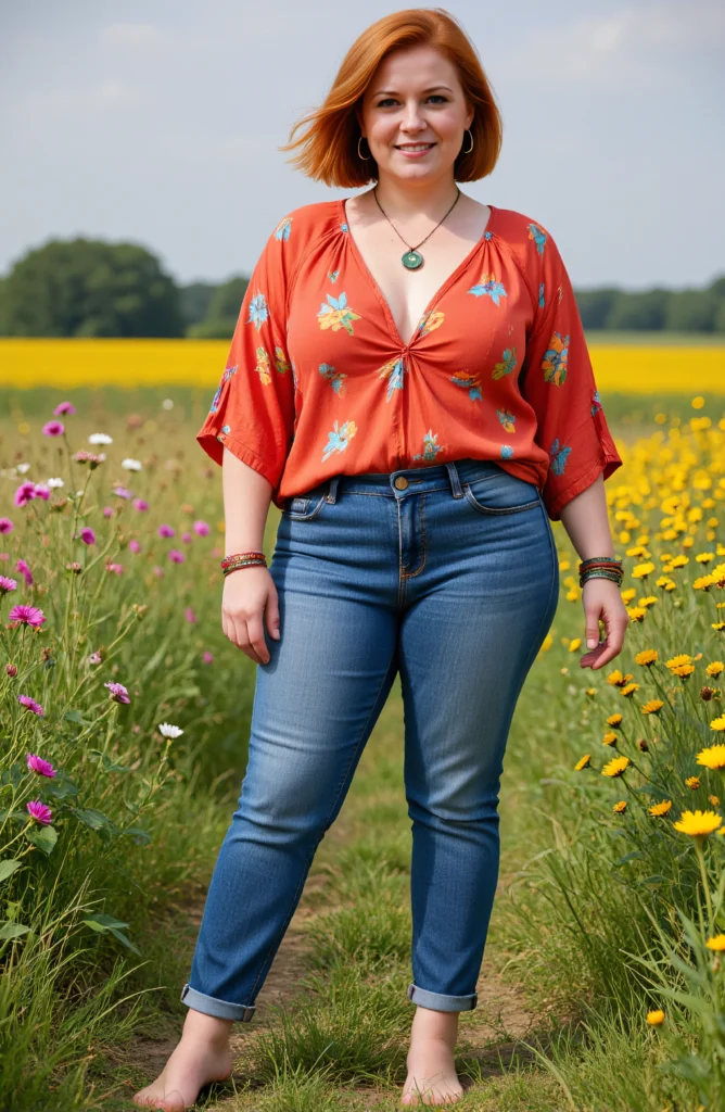 The image shows a woman standing in a field of flowers, wearing a red top and jeans, with a bright smile on her face. The background of the image is filled with lush green grass, vibrant plants with colorful flowers, tall trees, and a clear blue sky.