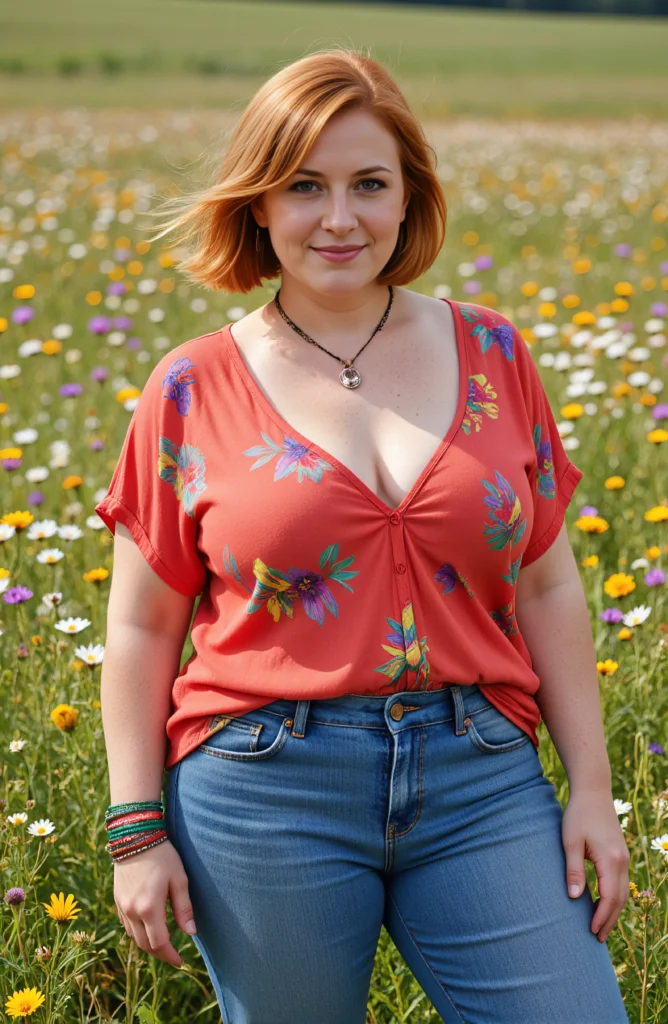 The image shows a woman standing in a field of flowers with a bright smile on her face, surrounded by lush green grass and trees in the background.