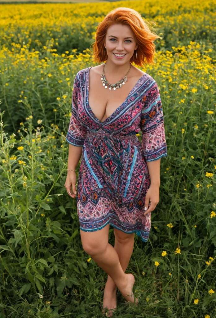 The image shows a woman standing in a field of yellow flowers, wearing a dress and a necklace, with a bright smile on her face. The background is slightly blurred, giving the image a dreamy feel.