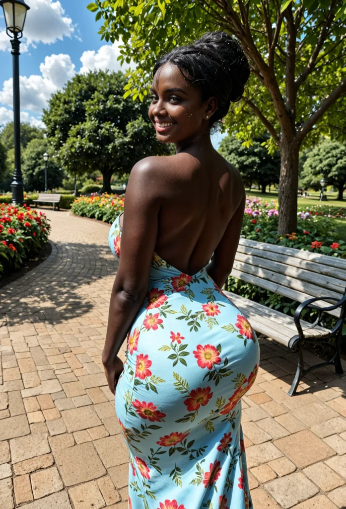 The image shows a pregnant woman standing in front of a park bench, surrounded by lush greenery and a bright blue sky. She is wearing a blue floral dress, and the sun is shining down on her, creating a peaceful and serene atmosphere.