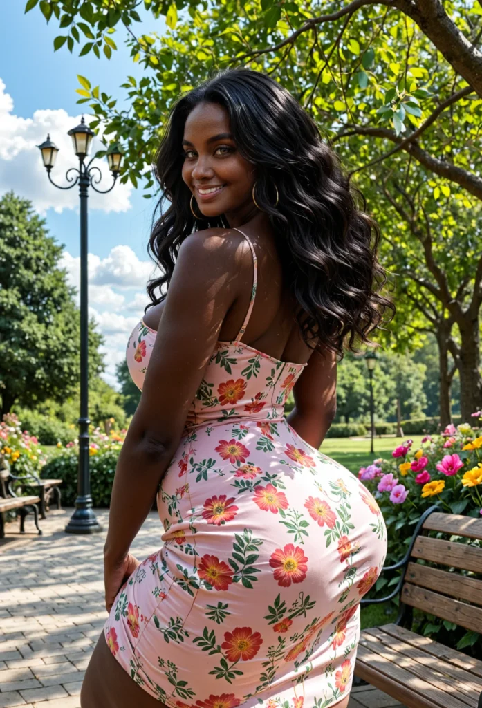 The image shows a woman in a pink floral dress standing on a bench surrounded by lush greenery, including trees, plants, and flowers, with a light pole in the background and a clear blue sky above.