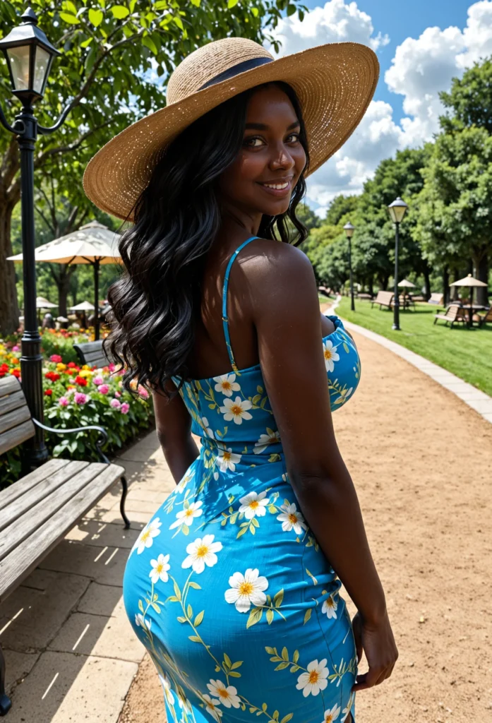 The image shows a woman in a blue floral dress and straw hat standing on a path surrounded by benches, light poles, plants with flowers, trees, and a sky with clouds in the background.