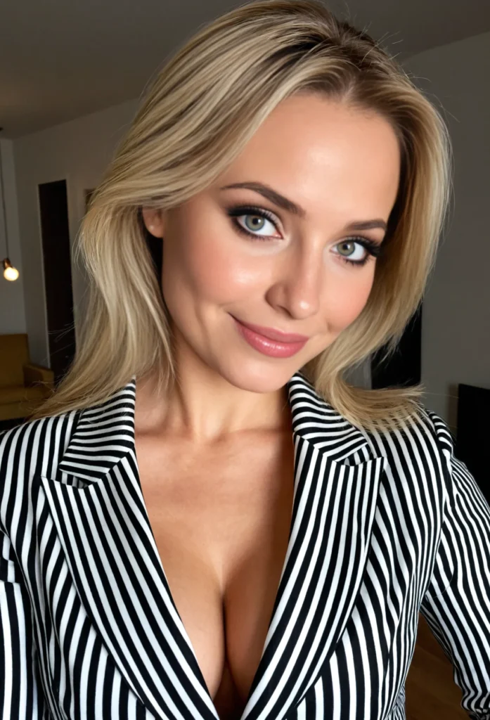 The image shows a woman in a black and white striped blazer posing for a picture in front of a wall with a light hanging from the ceiling.