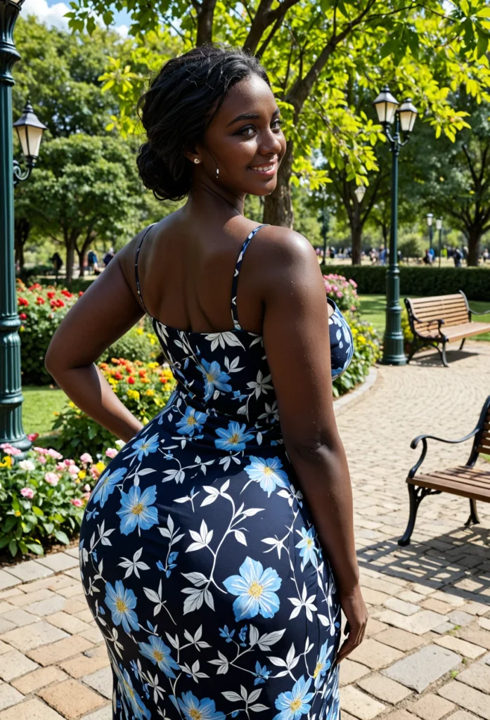The image shows a woman in a blue and white floral dress standing in a park surrounded by benches, light poles, plants with flowers, trees, and a sky with clouds.