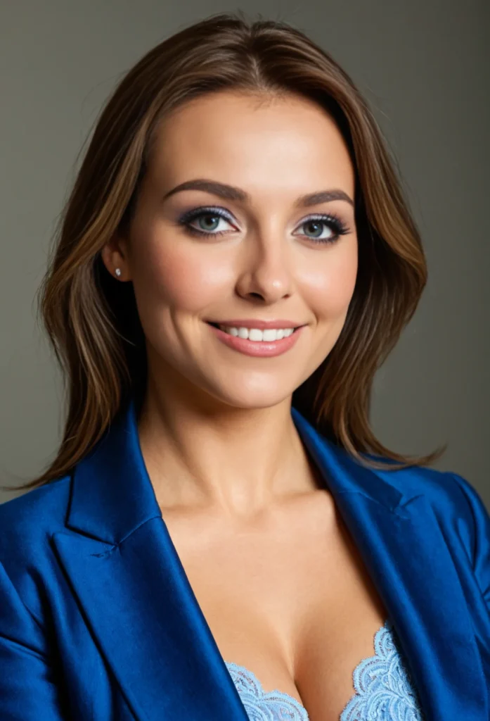 The image shows a woman in a blue suit smiling at the camera against a grey background.
