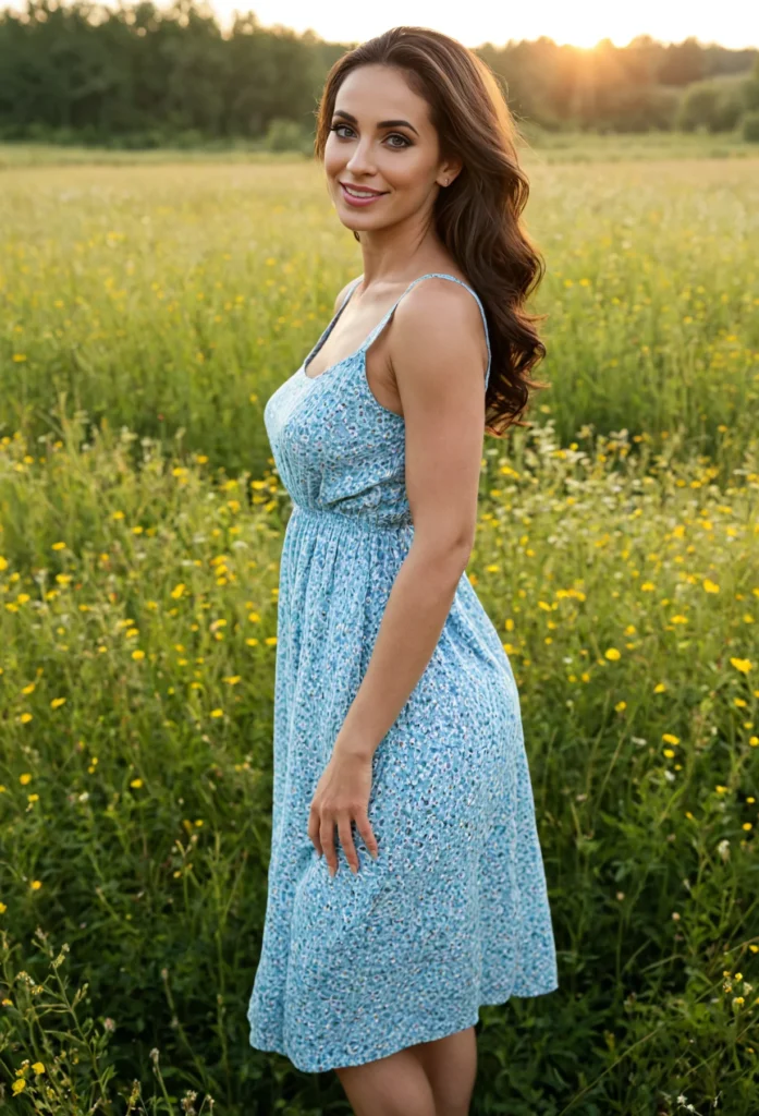 The image shows a pregnant woman standing in a field of yellow flowers, wearing a blue dress and smiling. The background of the image is filled with lush green plants and trees, and the sky is a beautiful mix of white and blue.
