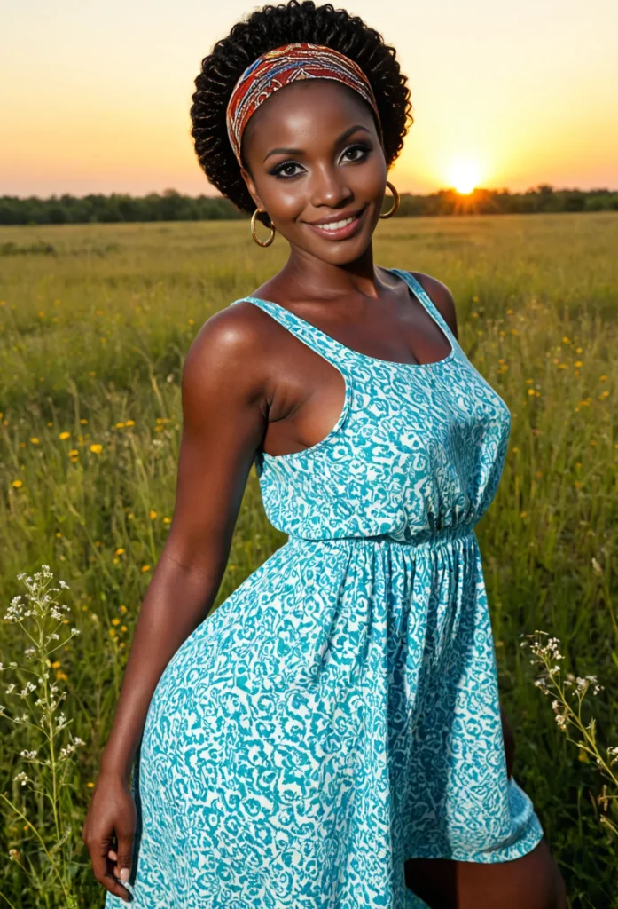 The image shows a woman in a blue dress standing in a field of plants and flowers, with a bright smile on her face. In the background, there are trees and a clear blue sky with the sun shining brightly.