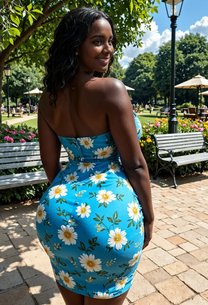 The image shows a woman in a blue and white daisy print dress standing on a sidewalk surrounded by benches, plants with flowers, light poles, umbrellas, trees, and a sky with clouds.