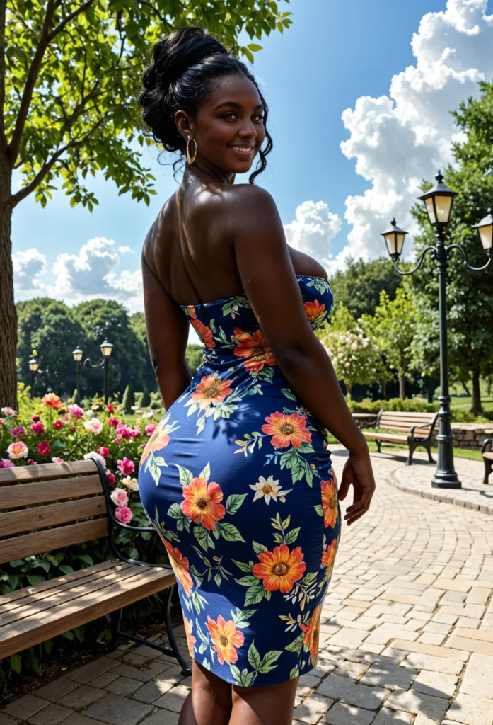 The image shows a woman standing in front of a park bench wearing a blue floral dress. The background of the image is filled with lush greenery, including trees, plants, and flowers, as well as light poles and benches. The sky is visible in the background.