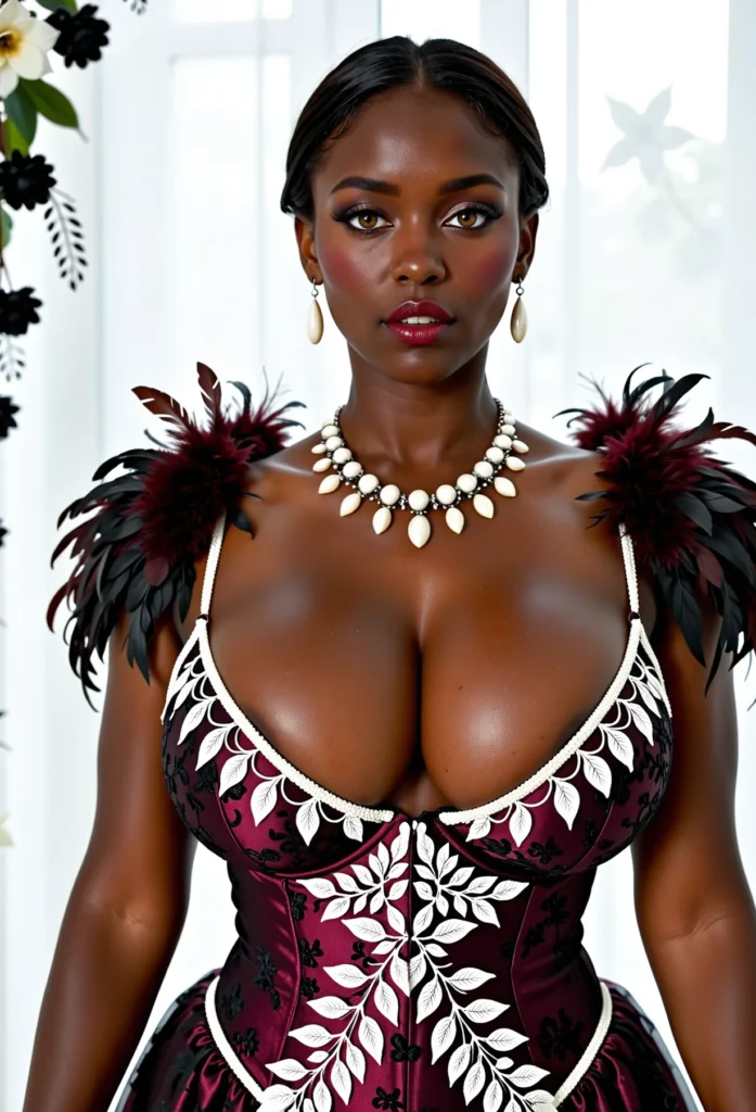 The image shows a woman in a maroon and white dress with feathers on her shoulders, standing in front of a white background with a few flowers and leaves on the left side. She is wearing a necklace and earrings, and her hair is styled in a sleek bob. Her makeup is subtle and natural, with a hint of pink blush on her cheeks and a glossy lip. She looks confident and poised, as if she is ready to take on the world.