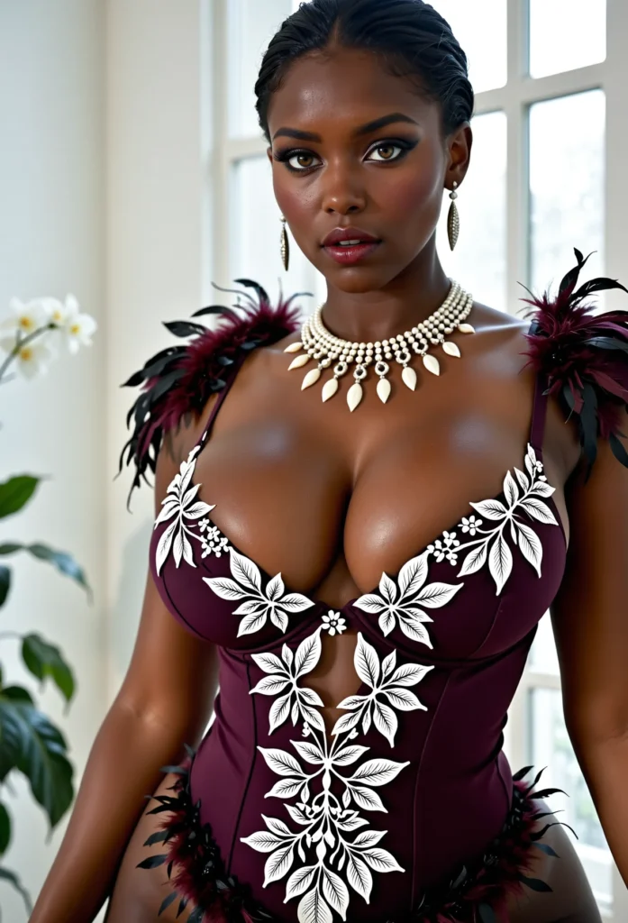 The image shows a woman in a maroon and white corset posing for a picture in front of a wall with a window and a plant with flowers on the left side. She is wearing a necklace and earrings, and her hair is styled in a sleek bob. Her makeup is subtle and natural, with a hint of pink blush on her cheeks and a glossy lip. She has a confident and sultry expression on her face, as if she is ready to take on the world.