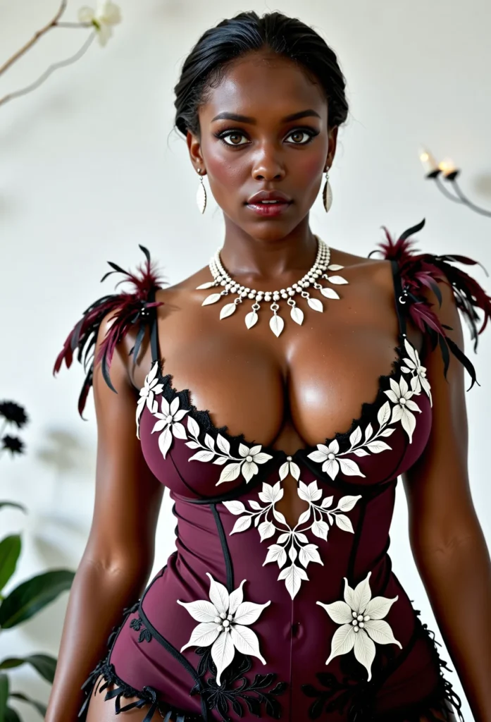 The image shows a woman in a maroon and white dress posing for a picture in front of a wall with a plant in the background. She is wearing a necklace and earrings, and her hair is styled in a sleek bob. Her makeup is subtle and natural, and she has a confident and poised expression on her face.