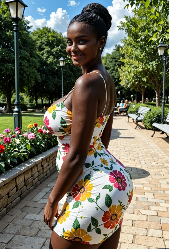 The image shows a woman in a white floral dress standing on a brick walkway surrounded by plants with flowers, light poles, benches, trees, and a sky with clouds in the background.