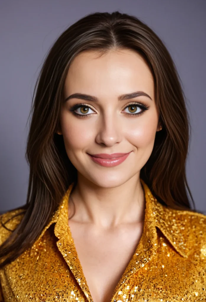 The image shows a woman in a gold sequin jacket smiling at the camera against a grey background.