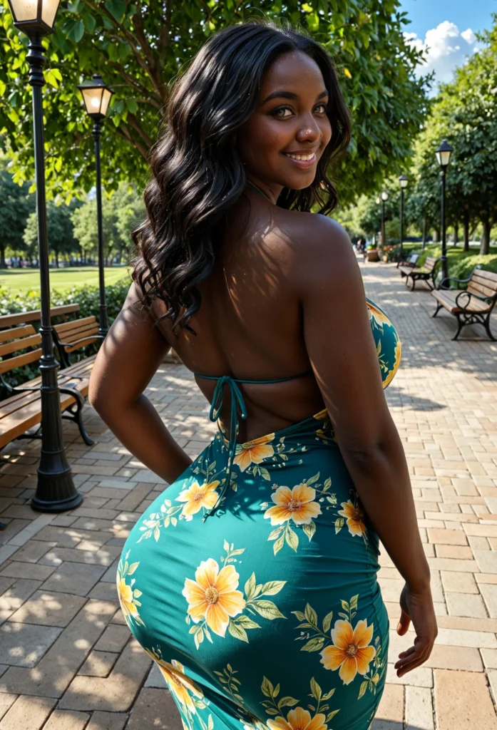 The image shows a woman standing on the ground with a smile on her face, surrounded by benches, light poles, trees, plants, grass, and a clear blue sky. She is wearing a teal floral maxi dress with a halter neckline.