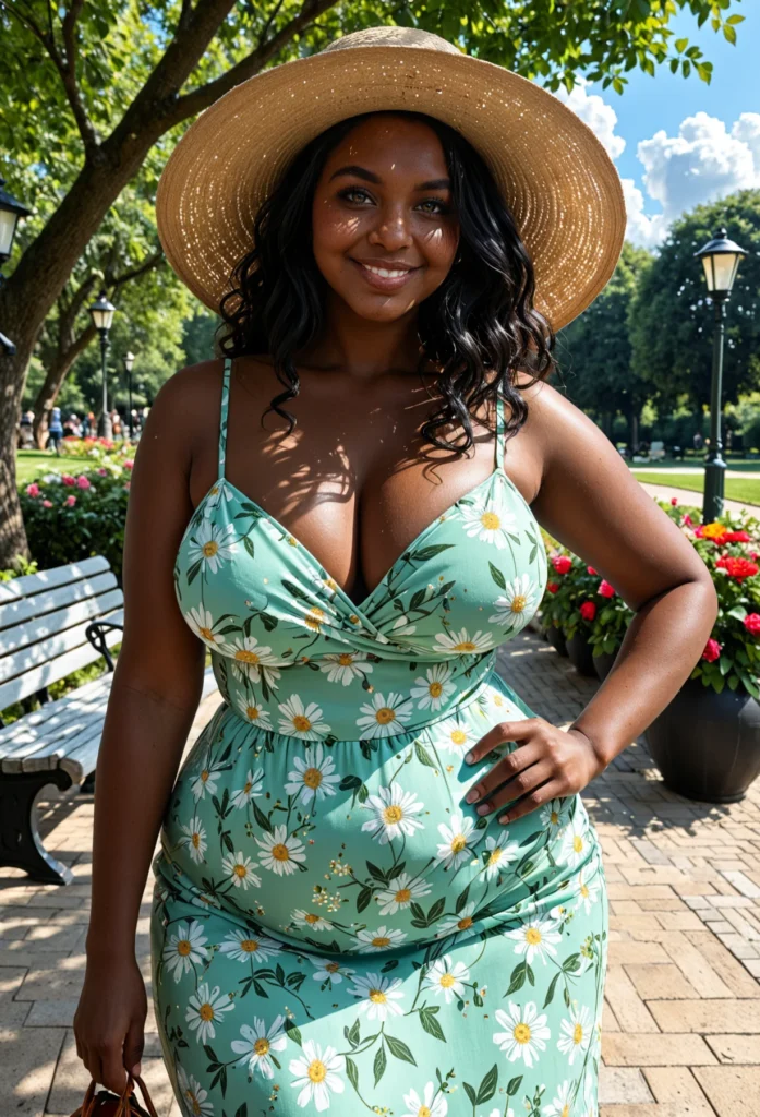 The image shows a woman in a green dress and straw hat standing on the ground, holding a bag in her hand. In the background, we can see a bench, plants with flowers, street poles, a group of trees, grass, and a cloudy sky.