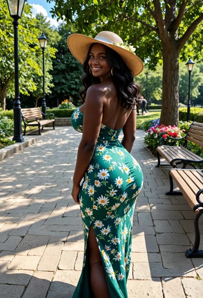 The image shows a woman in a green floral dress and straw hat standing on the ground surrounded by benches, plants with flowers, street poles, a group of trees, and a cloudy sky.