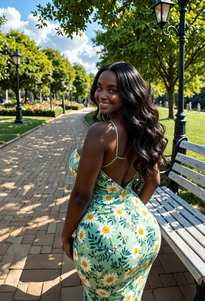 The image shows a woman in a green floral dress standing next to a park bench, smiling. In the background, there are light poles, trees, people, and a sky with clouds.
