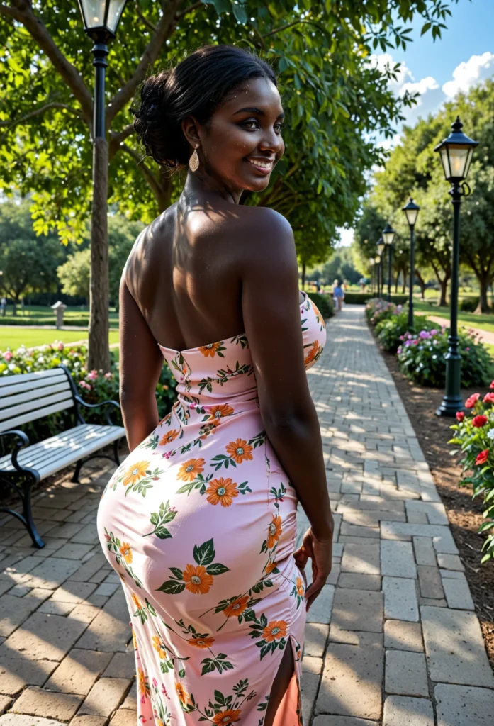 The image shows a woman in a pink floral dress standing on a sidewalk surrounded by plants with flowers, a bench, street poles, a group of trees, grass, and a cloudy sky.