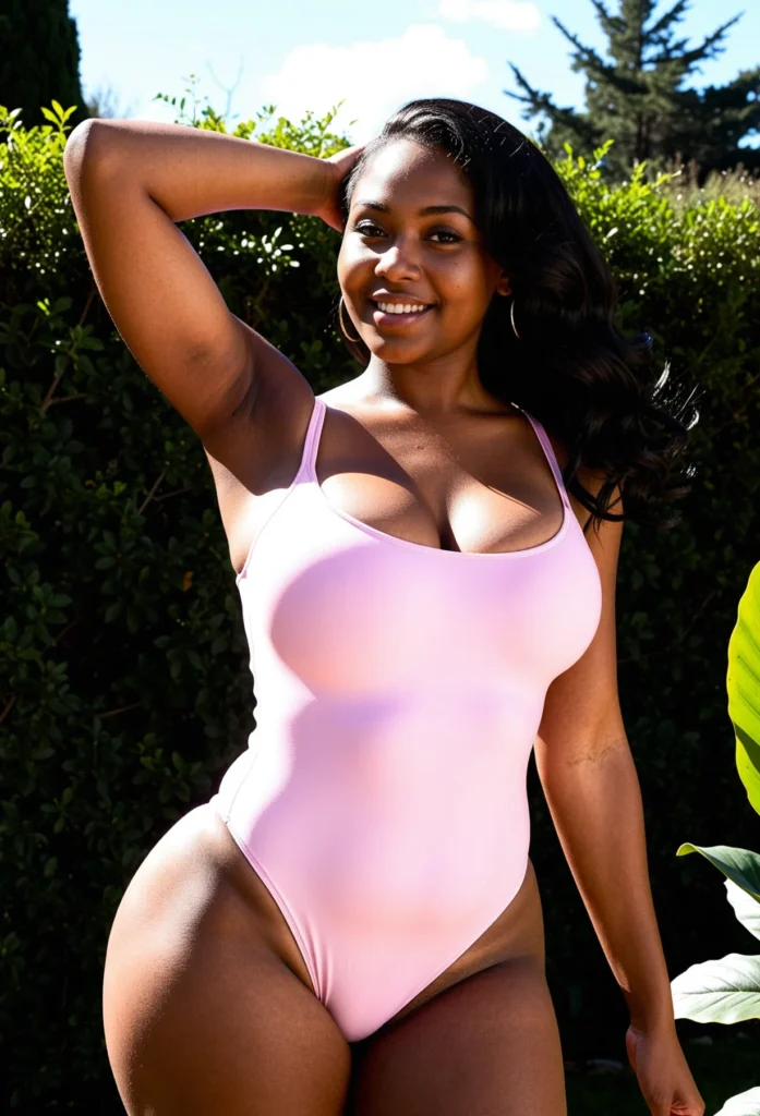 The image shows a woman in a pink one piece swimsuit standing and smiling in front of a backdrop of trees and a clear blue sky. On the right side of the image, there is a plant adding a touch of greenery to the scene.