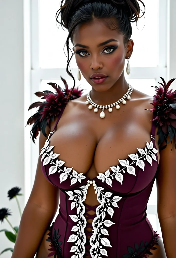 The image shows a woman in a maroon corset posing for a picture in front of a wall with a window and a plant with flowers in the background. She is wearing a necklace and earrings, and her breasts are prominently displayed.