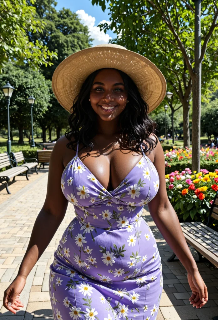 The image shows a woman in a purple dress and straw hat walking down a sidewalk surrounded by benches, plants with flowers, light poles, trees, and a sky with clouds.