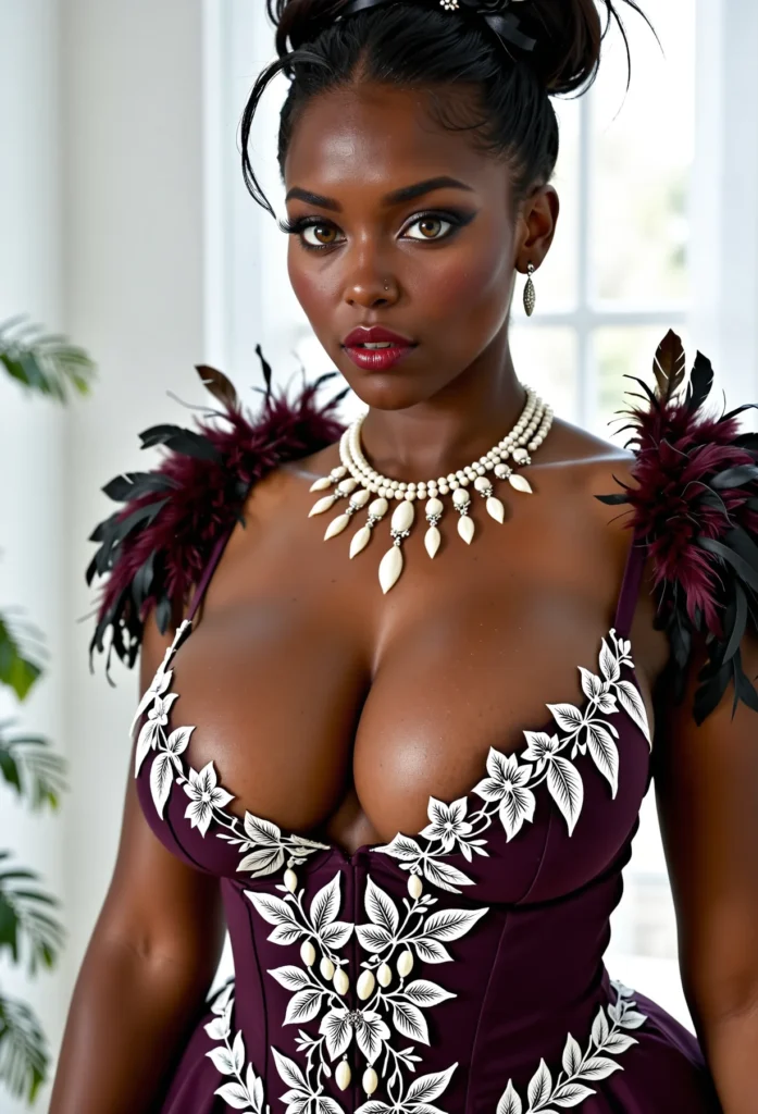 The image shows a woman in a maroon dress posing for a picture in front of a wall with a window and leaves in the background. She is wearing a necklace and her hair is styled in a sleek bob. Her makeup is subtle and her expression is confident and poised.