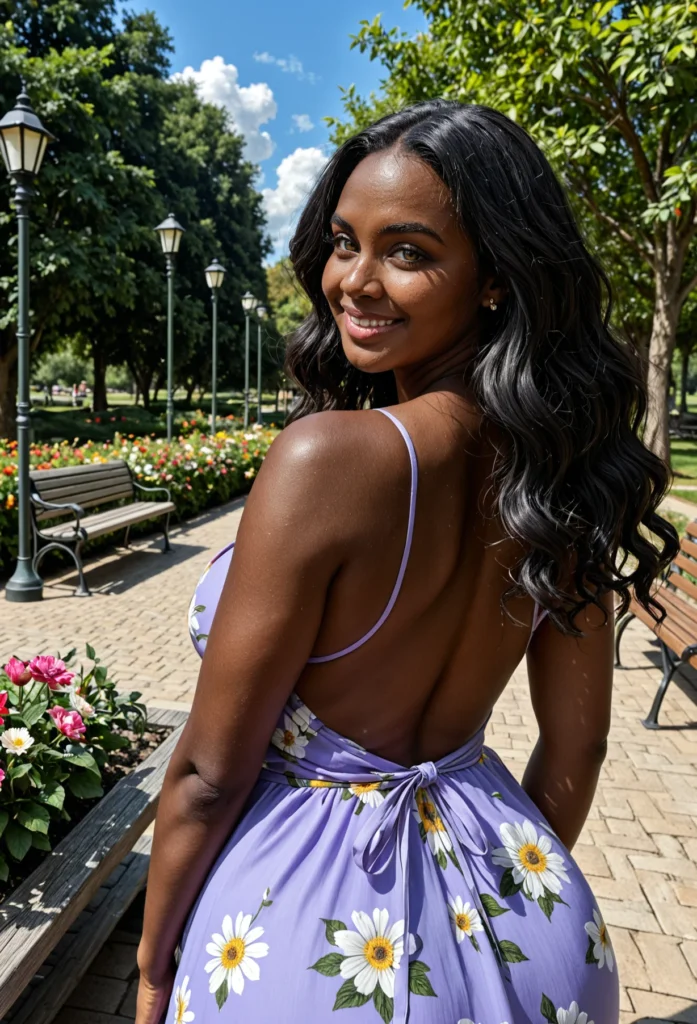 The image shows a woman in a purple dress standing on a sidewalk surrounded by benches, plants with flowers, light poles, trees, and a sky with clouds.