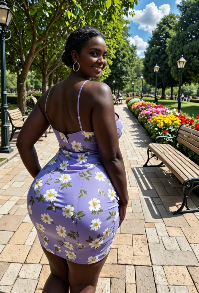 The image shows a woman in a purple floral dress standing on a sidewalk surrounded by benches, plants with flowers, light poles, trees, and a sky with clouds.