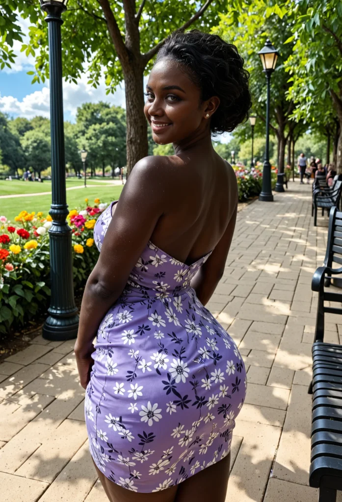 The image shows a woman in a purple dress standing on a sidewalk surrounded by street light poles, benches, plants with flowers, grass, a group of trees, and a cloudy sky.