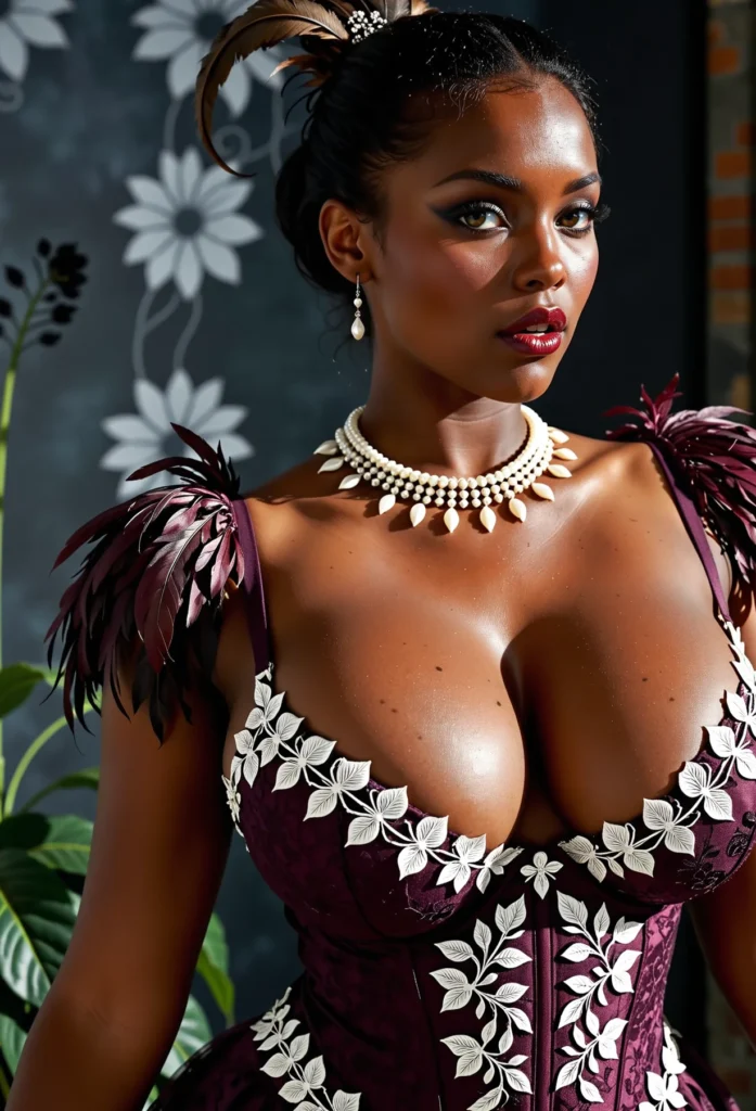 The image shows a woman in a maroon dress with feathers on her head, standing in front of a wall with a painting of flowers and leaves. She is wearing a necklace and earrings, and her hair is styled in a fashionable way.