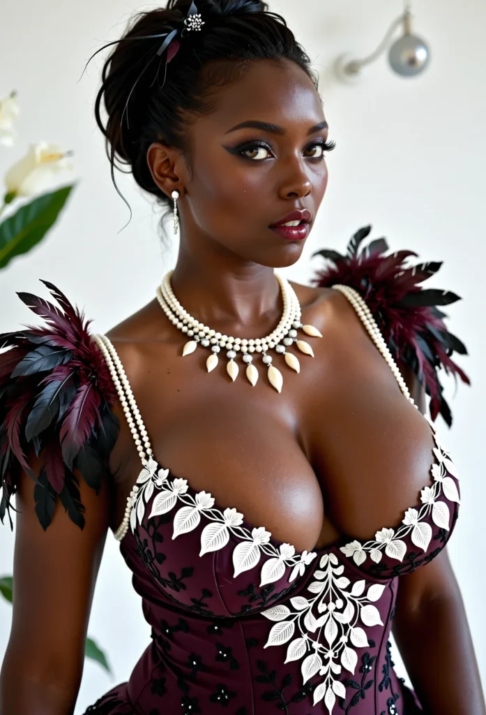 The image shows a woman in a maroon dress with feathers on her shoulders, standing in front of a wall with a plant in the background. She is wearing a necklace and earrings, and her hair is styled in a sleek bob. Her makeup is subtle and natural, with a hint of pink blush on her cheeks and a glossy lip. She looks confident and poised, as if she is ready to take on the world.