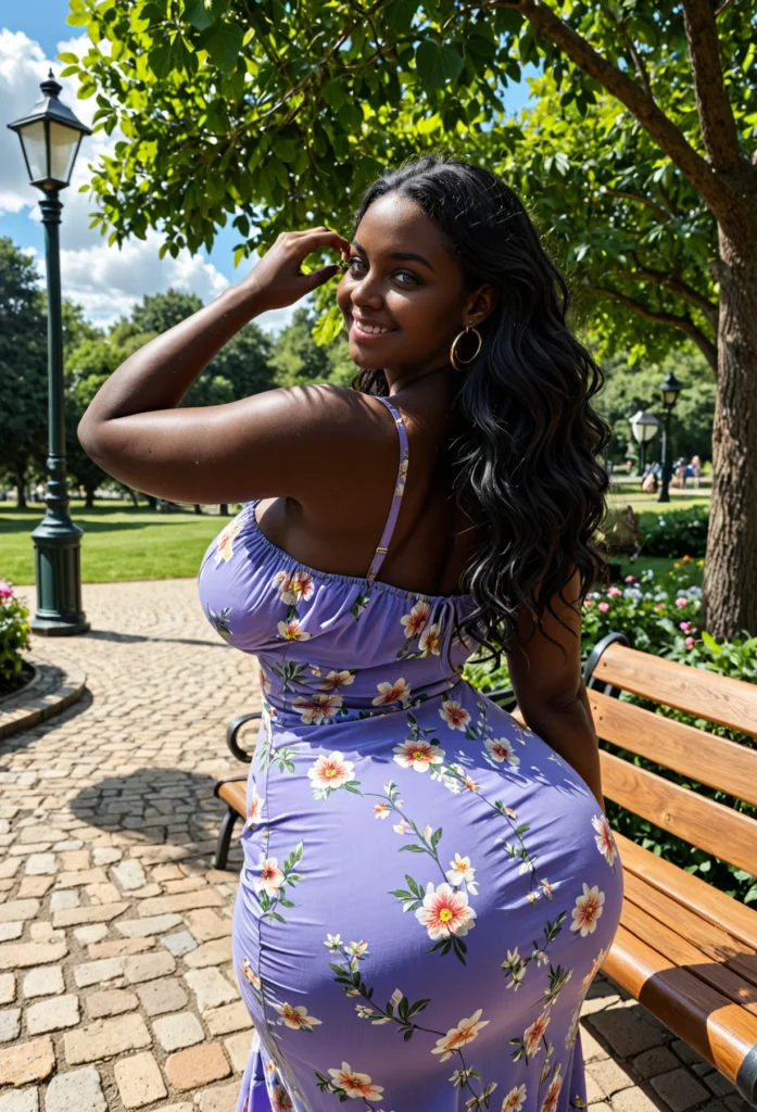The image shows a woman in a purple floral dress sitting on a bench surrounded by street light poles, trees, plants with flowers, grass, and a sky with clouds.