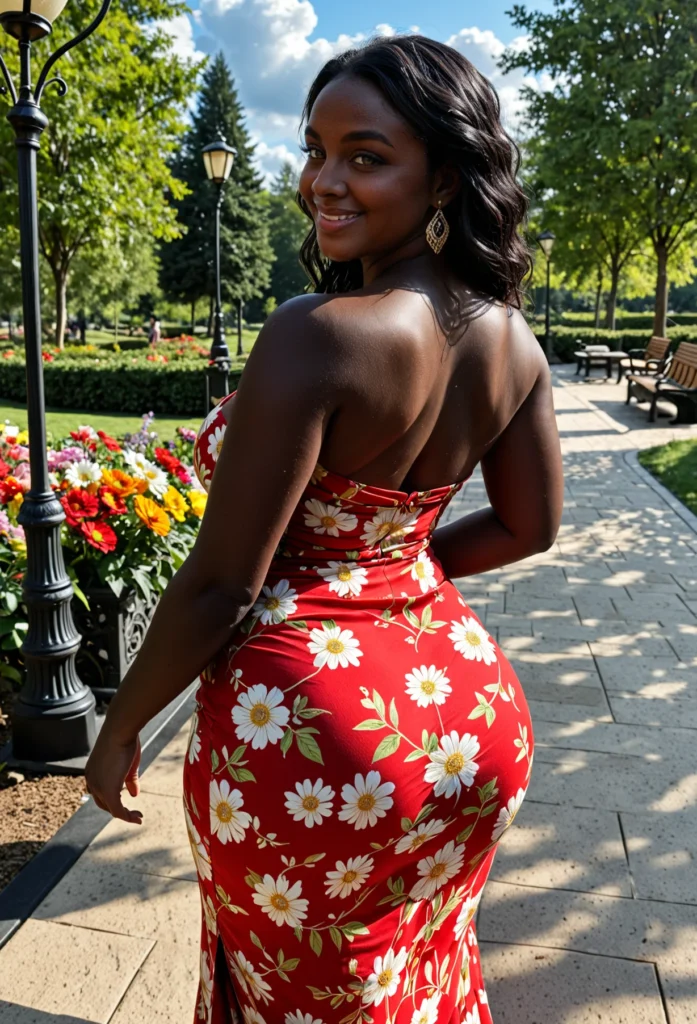 The image shows a woman in a red floral dress standing on a sidewalk surrounded by light poles, plants with flowers, grass, benches, trees, and a sky with clouds.