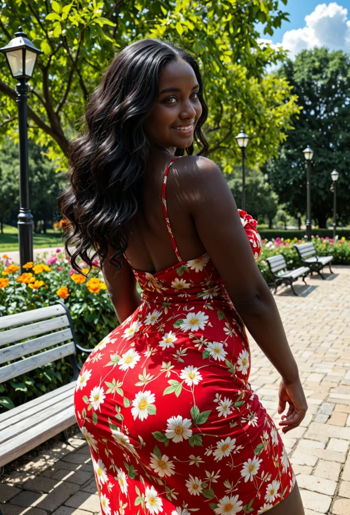 The image shows a woman in a red floral dress standing on a sidewalk surrounded by benches, plants with flowers, light poles, trees, and a sky with clouds.