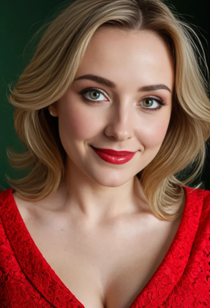 The image shows a woman in a red dress smiling at the camera against a dark background.