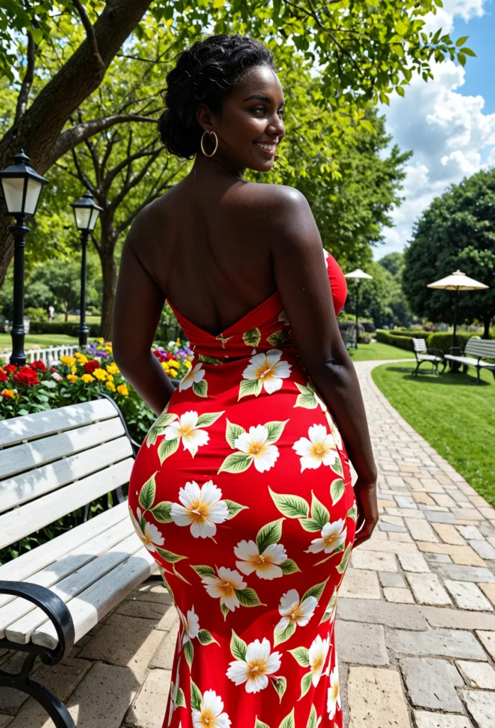 The image shows a woman in a red floral dress standing on a bench surrounded by lush green grass, colorful flowers, light poles, and trees, with a bright blue sky and fluffy white clouds in the background.