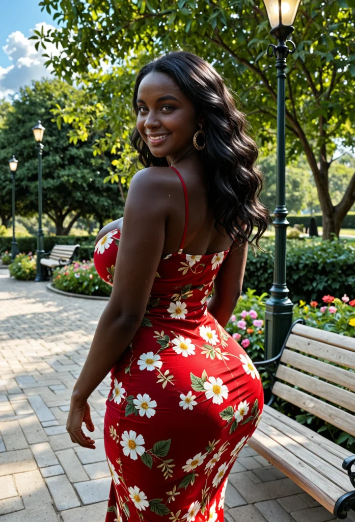 The image shows a woman in a red floral dress standing on a bench surrounded by light poles, plants with flowers, trees, and a sky with clouds.