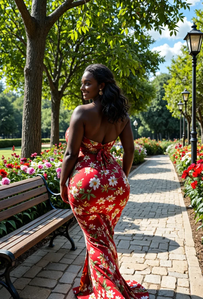 The image shows a woman in a red floral dress standing on a bench surrounded by plants with flowers, street poles, a group of trees, and a cloudy sky.