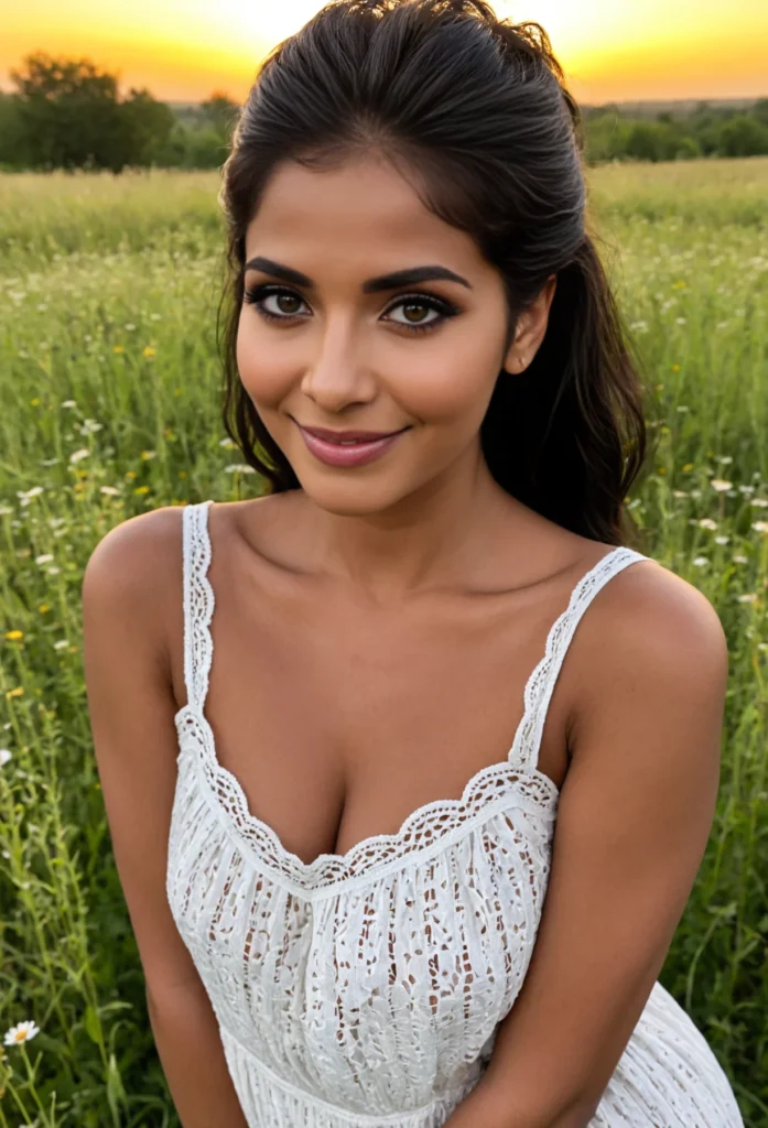 The image shows a woman in a white dress standing in a field of flowers, surrounded by trees and a clear blue sky.