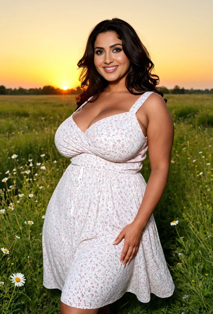 The image shows a woman in a white dress standing in a field of daisies, surrounded by lush green grass and trees, with a bright blue sky and fluffy white clouds in the background.