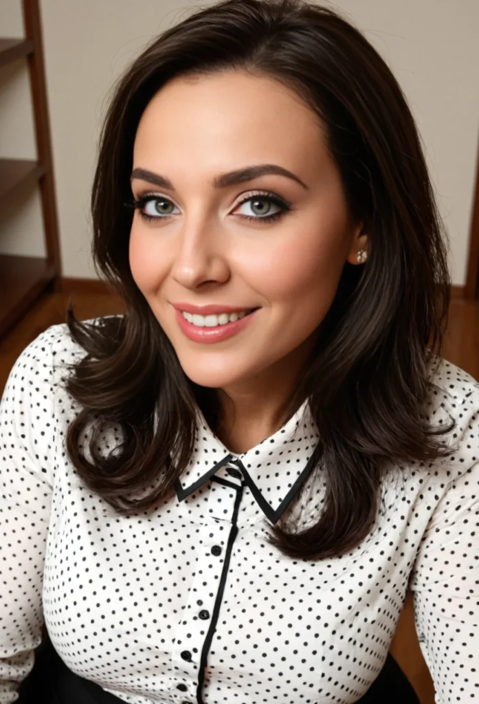 The image shows a woman in a white shirt and black skirt smiling at the camera. She is standing in front of a wall with a wooden object in the background.