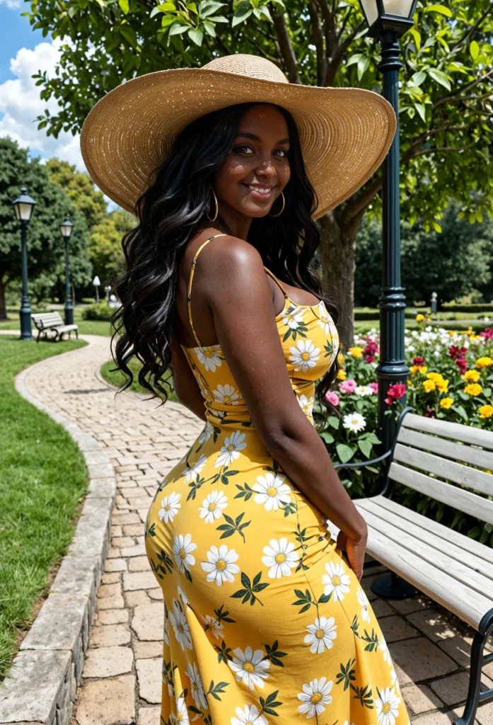 The image shows a woman in a yellow floral dress and straw hat standing on a bench surrounded by lush green grass, plants with colorful flowers, light poles, and trees, with a bright blue sky and fluffy white clouds in the background.