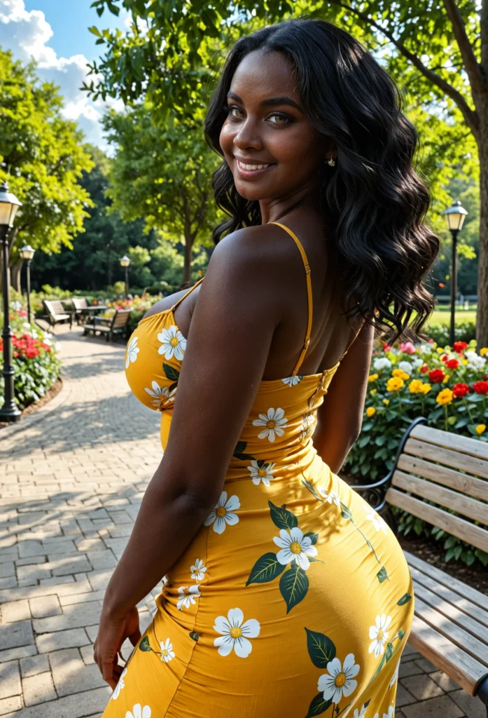 The image shows a woman in a yellow floral dress standing on a sidewalk surrounded by benches, plants with flowers, light poles, trees, and a sky with clouds.