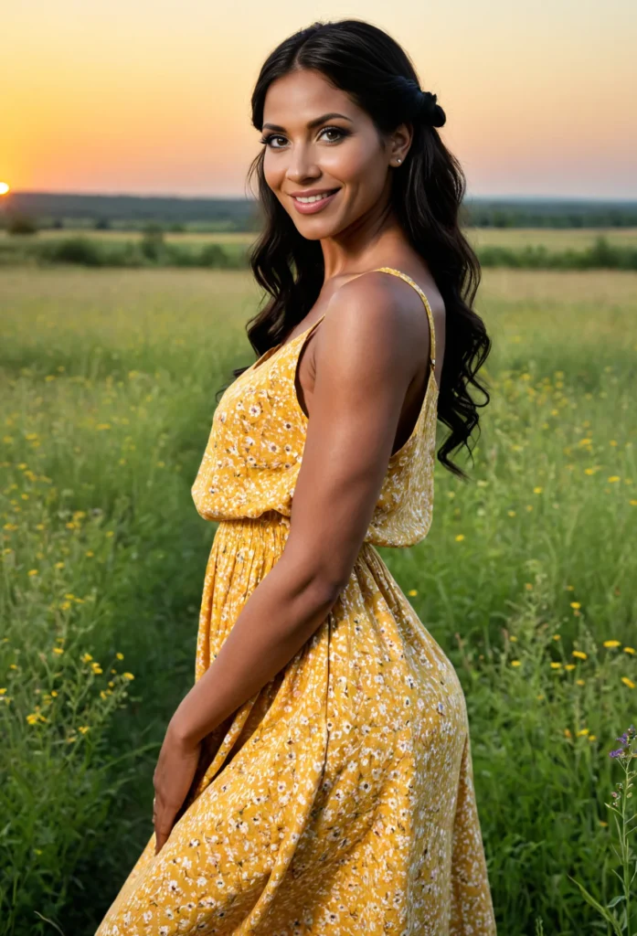 The image shows a woman in a yellow dress standing in a field of yellow flowers, with a bright smile on her face. The sky is a beautiful mix of oranges, pinks, and purples, and the sun is setting in the background, casting a warm glow over the scene.