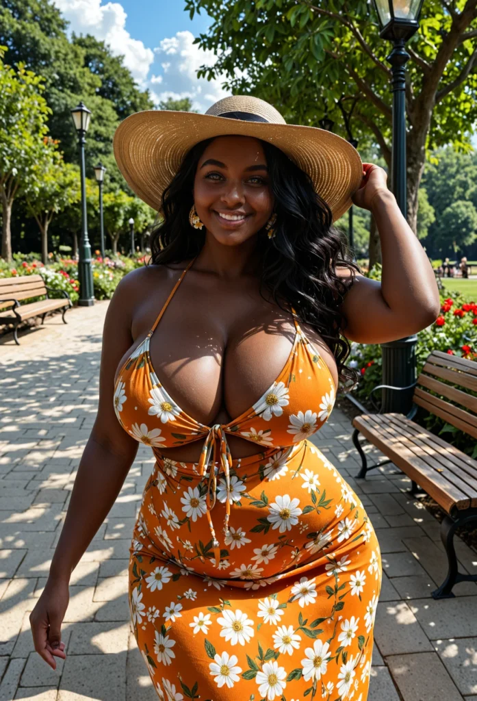 The image shows a woman in an orange floral dress and straw hat walking down a sidewalk surrounded by benches, light poles, plants with flowers, trees, and a sky with clouds.