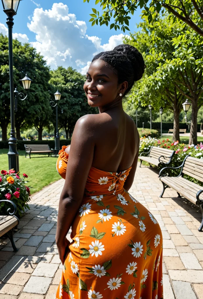 The image shows a woman in an orange dress standing on a sidewalk surrounded by benches, plants with flowers, grass, street poles, a group of trees, and a cloudy sky.